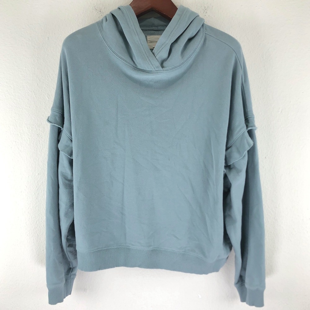French Casual Soft Girl American Eagle Ruffle Sleeve Hoodie Blue Pullover XL